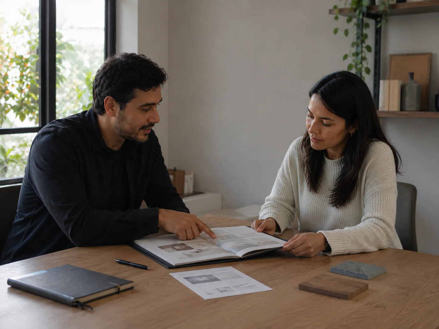Dos personas revisan juntas una propuesta de trabajo en una mesa.