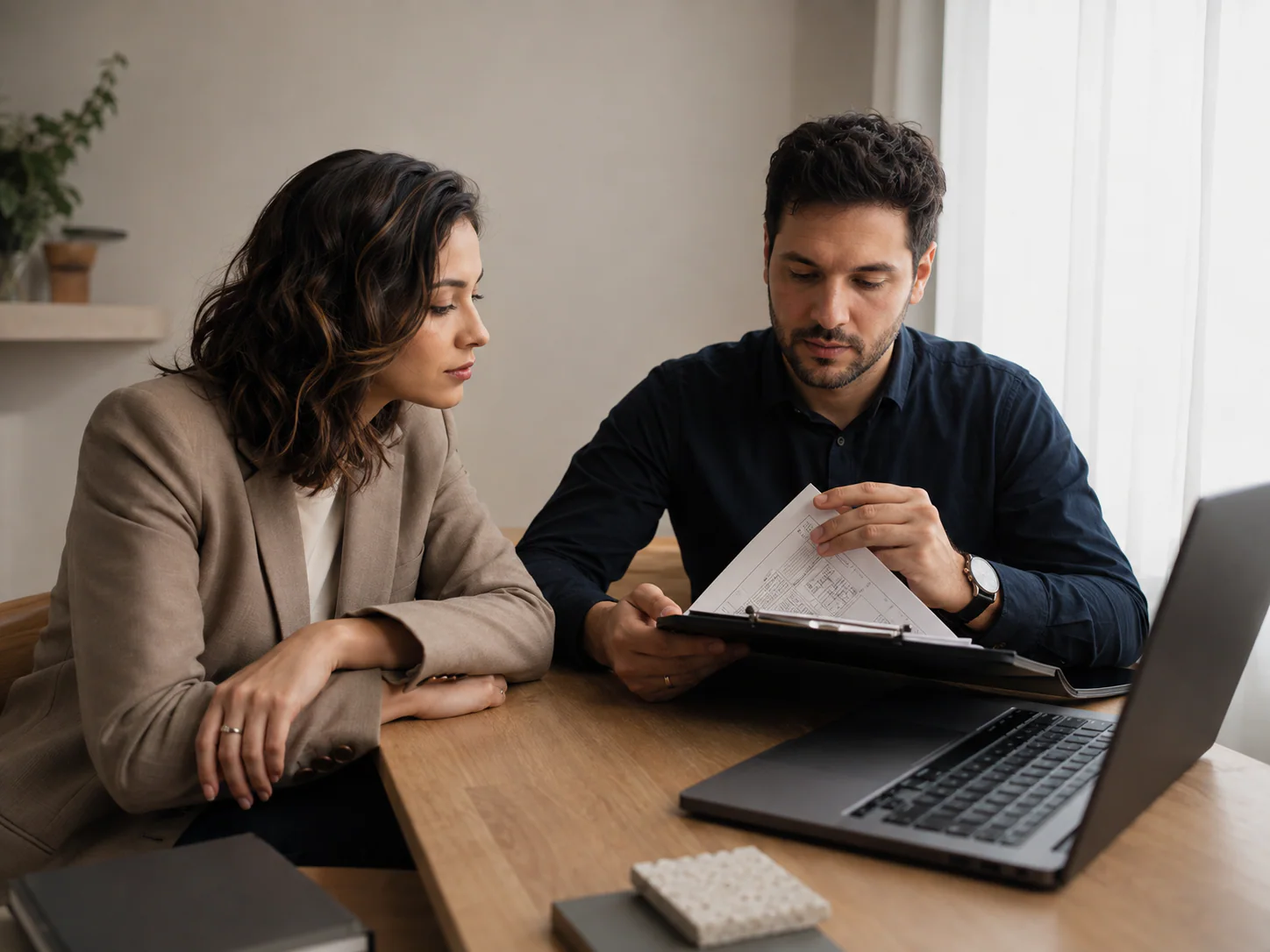Dos personas revisan una propuesta de trabajo frente a una computadora.