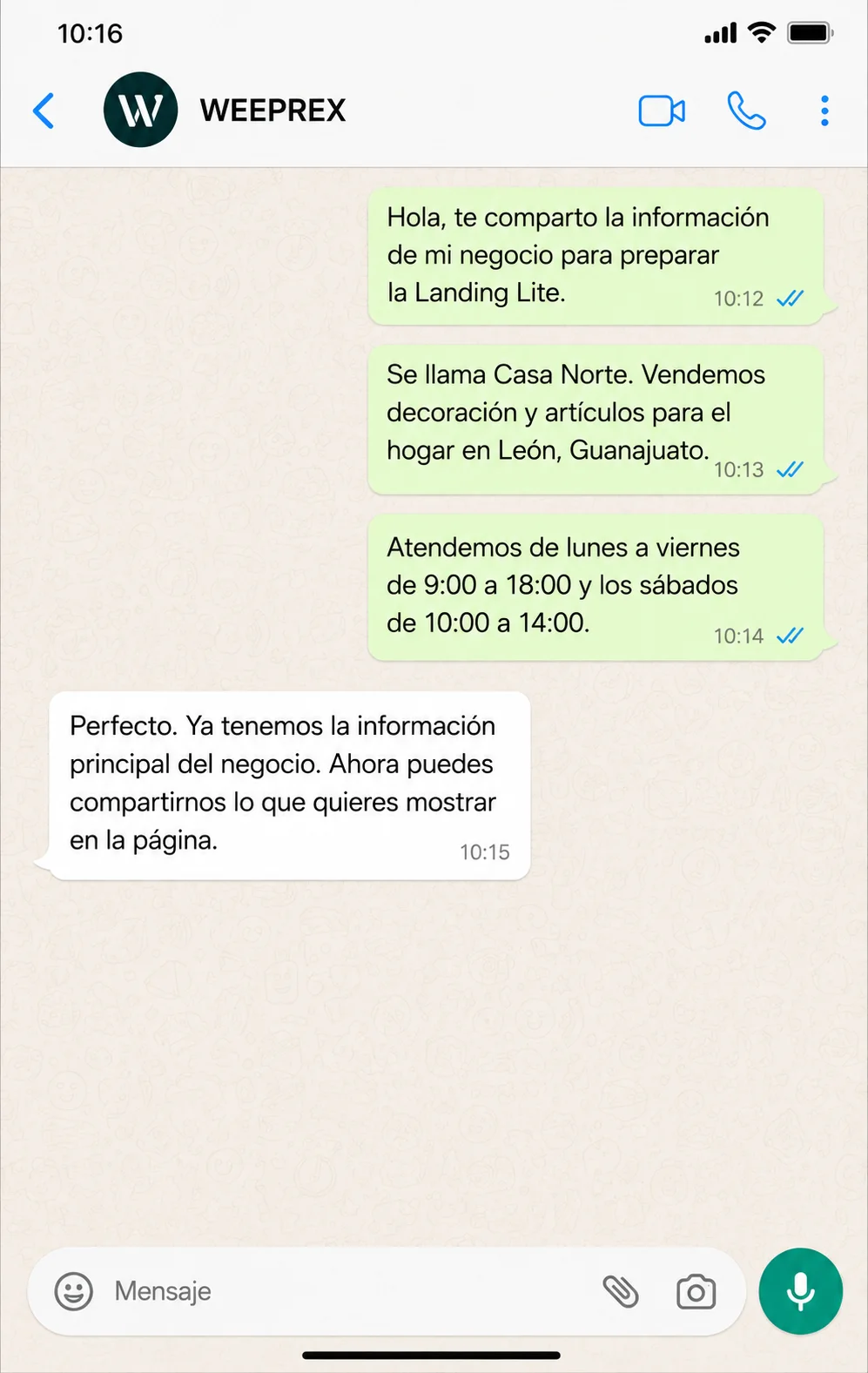 Conversación de WhatsApp donde un negocio comparte su nombre, actividad, ubicación y horarios.