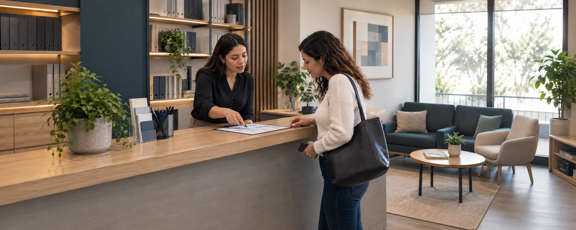 Recepcionista orientando a una clienta en el mostrador de un pequeño negocio de servicios.
